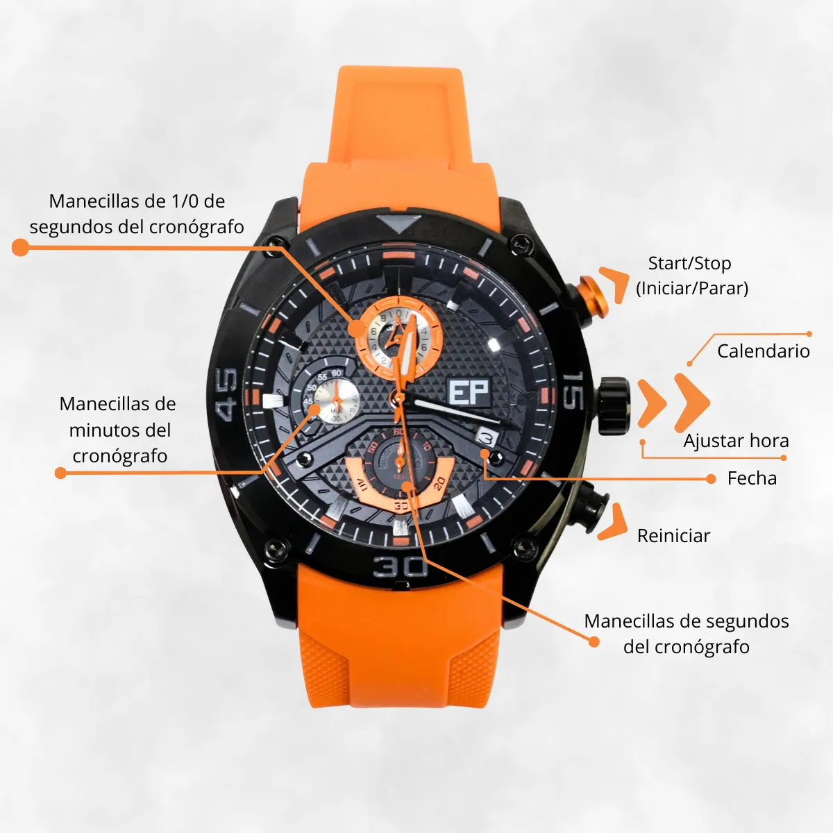 Reloj Cronógrafo EP para Hombre Deportivo Moderno Naranja con Correa de Silicona