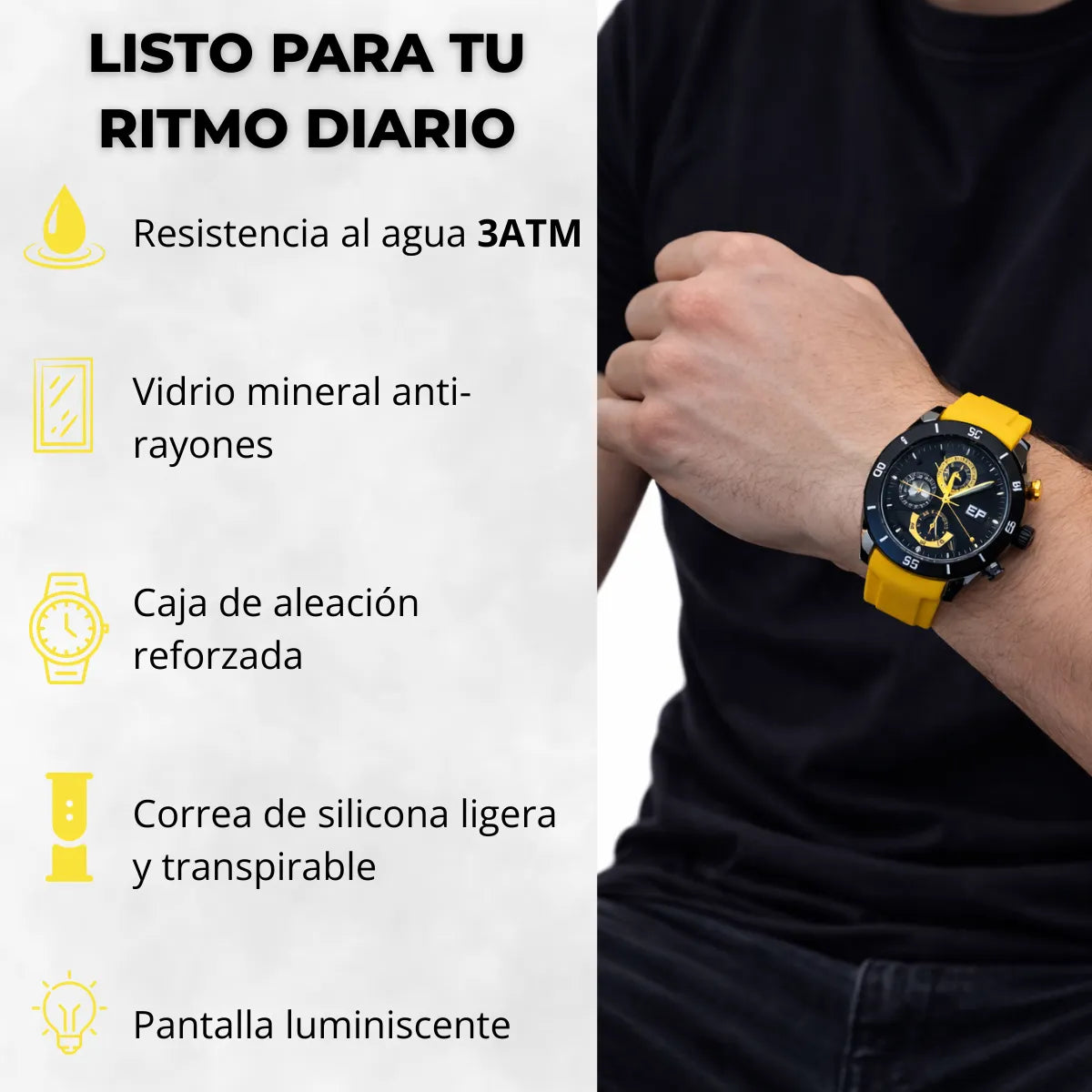 Reloj Cronógrafo EP para Hombre Deportivo Moderno Amarilla con Correa de Silicona