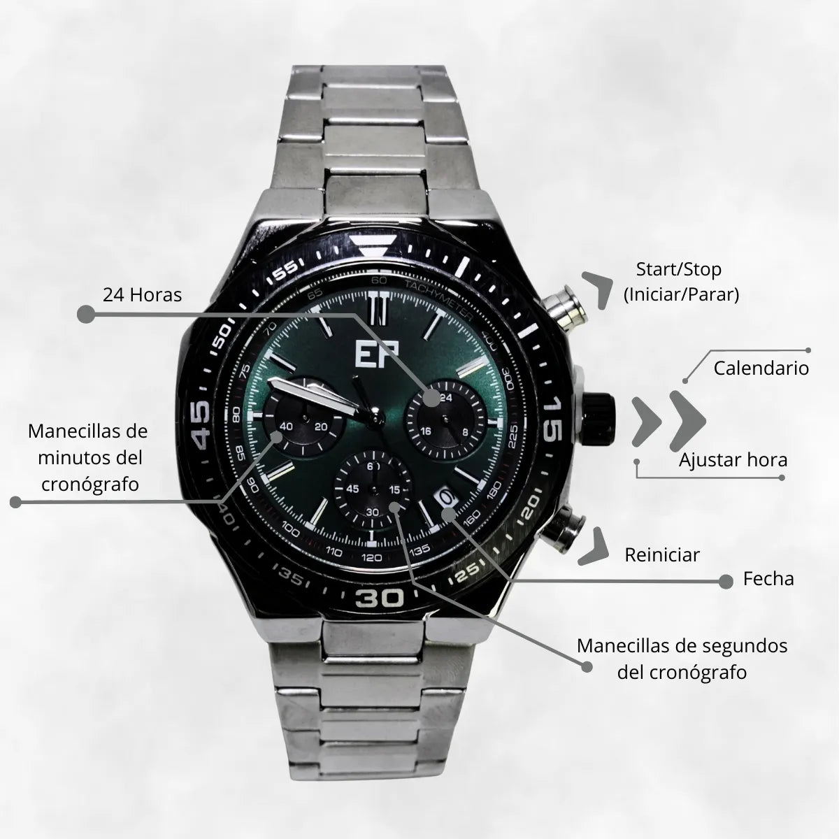 Reloj Cronografo EP para Hombre Deportivo con Brazalete de Acero y Esfera Verde