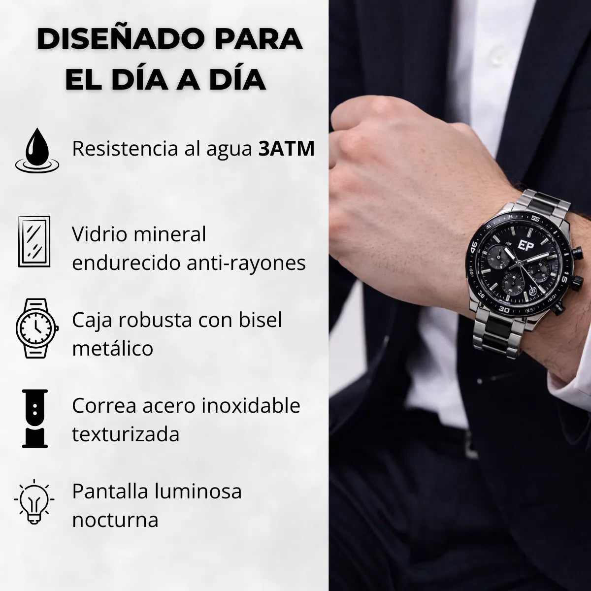 Reloj Cronografo EP para Hombre Deportivo con Brazalete de Acero y Esfera Negra