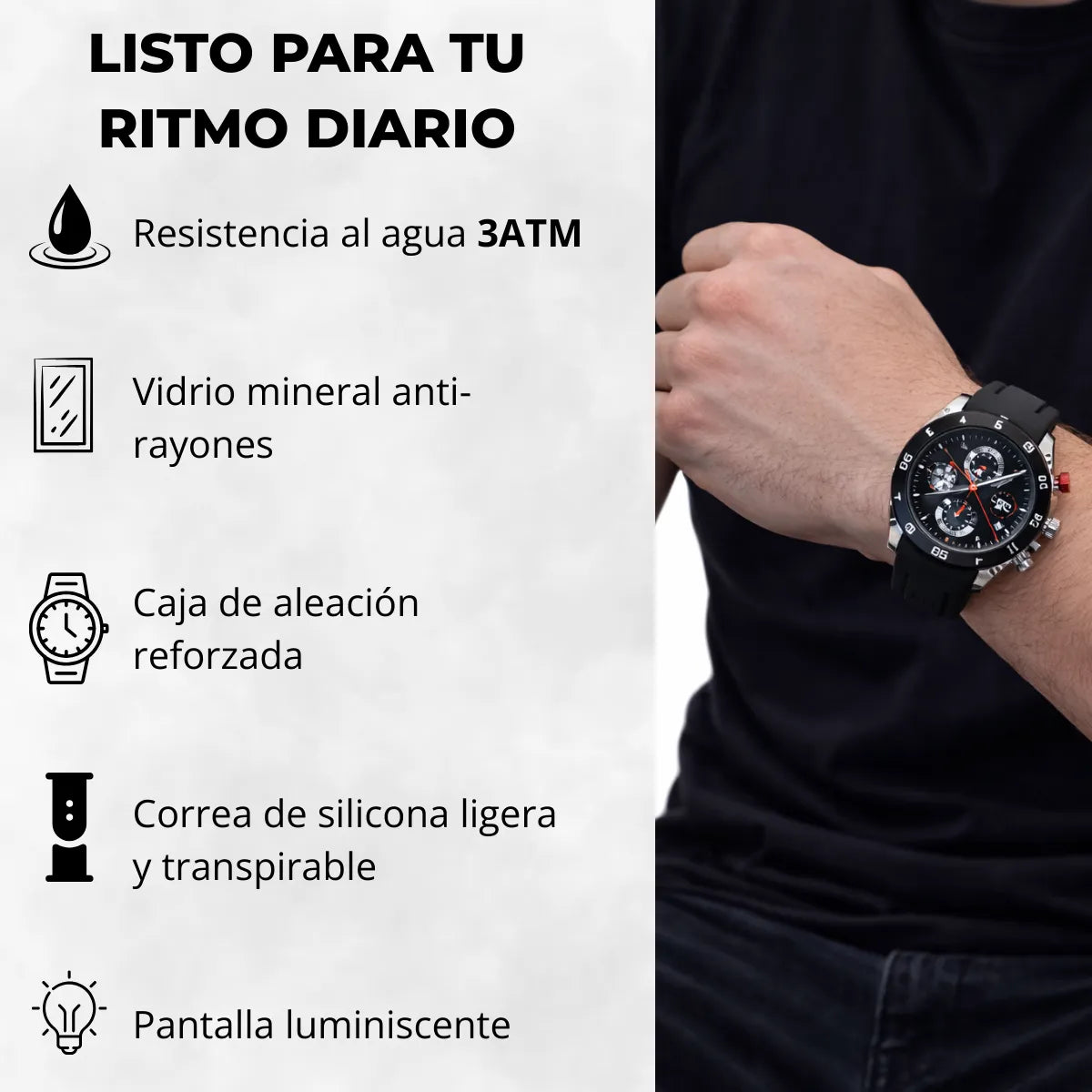 Reloj Cronógrafo EP para Hombre Deportivo Moderno Negro con Correa de Silicona