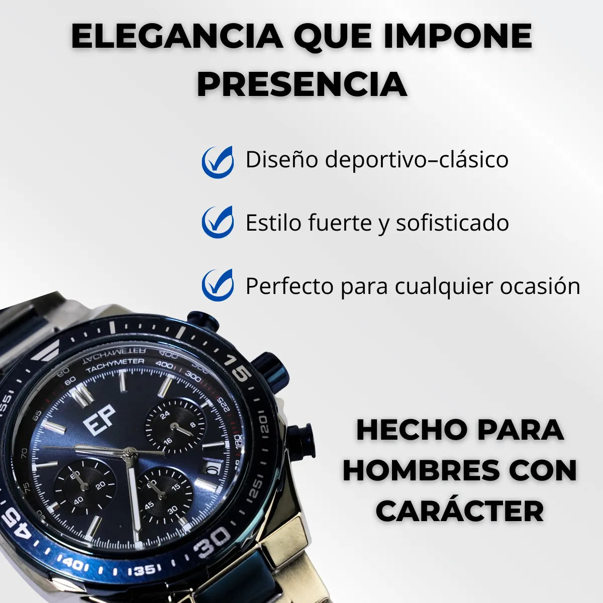 Reloj Cronografo EP para Hombre Deportivo con Brazalete de Acero y Esfera Azul