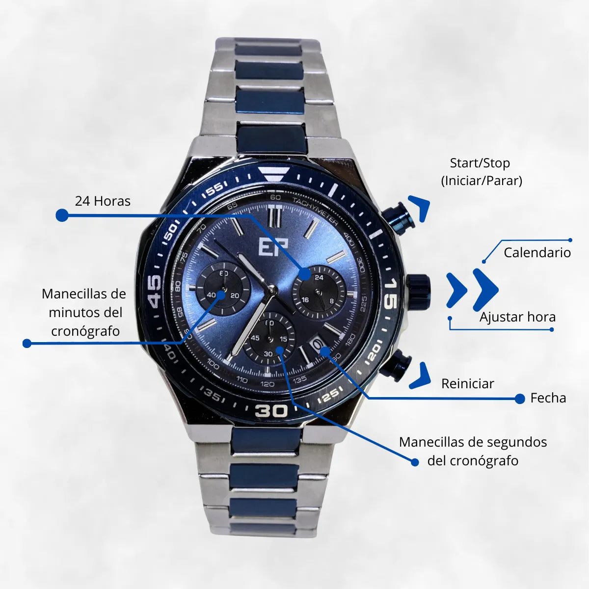 Reloj Cronografo EP para Hombre Deportivo con Brazalete de Acero y Esfera Azul