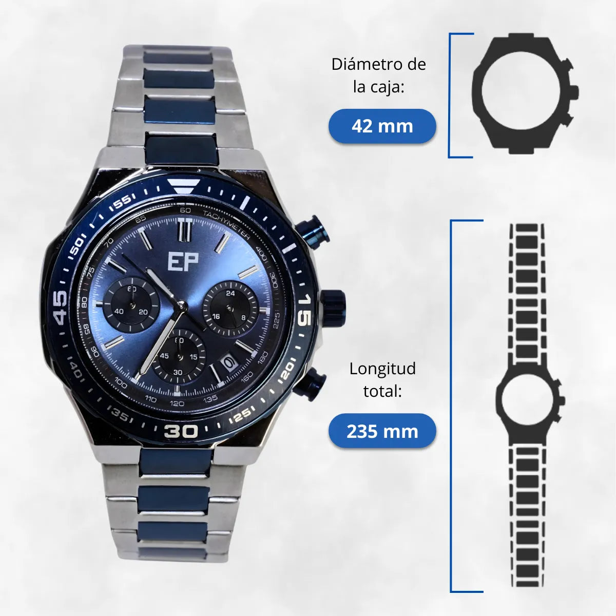 Reloj Cronografo EP para Hombre Deportivo con Brazalete de Acero y Esfera Azul