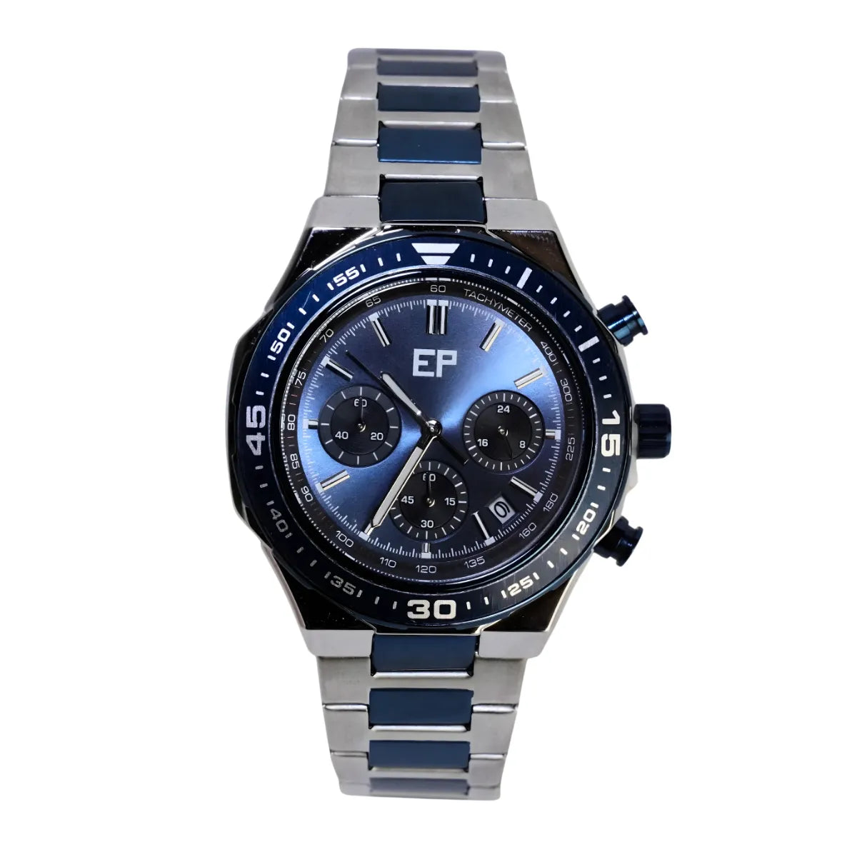 Reloj Cronografo EP para Hombre Deportivo con Brazalete de Acero y Esfera Azul
