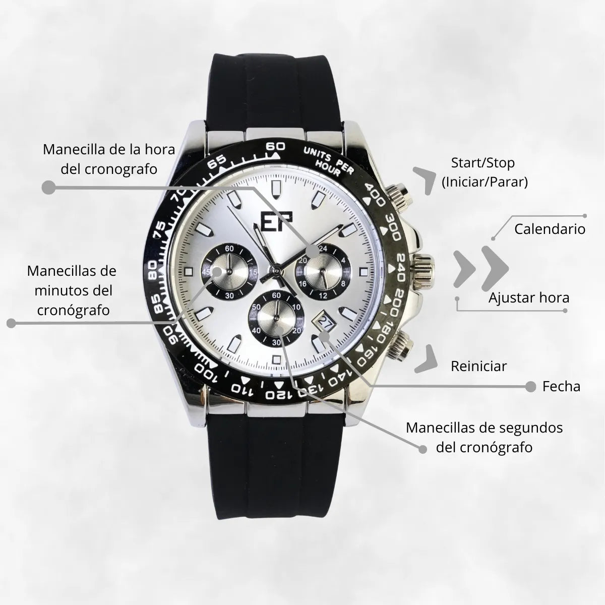 Reloj Cronografo EP para Hombre Deportivo Plateado con Correa de Silicona Negra