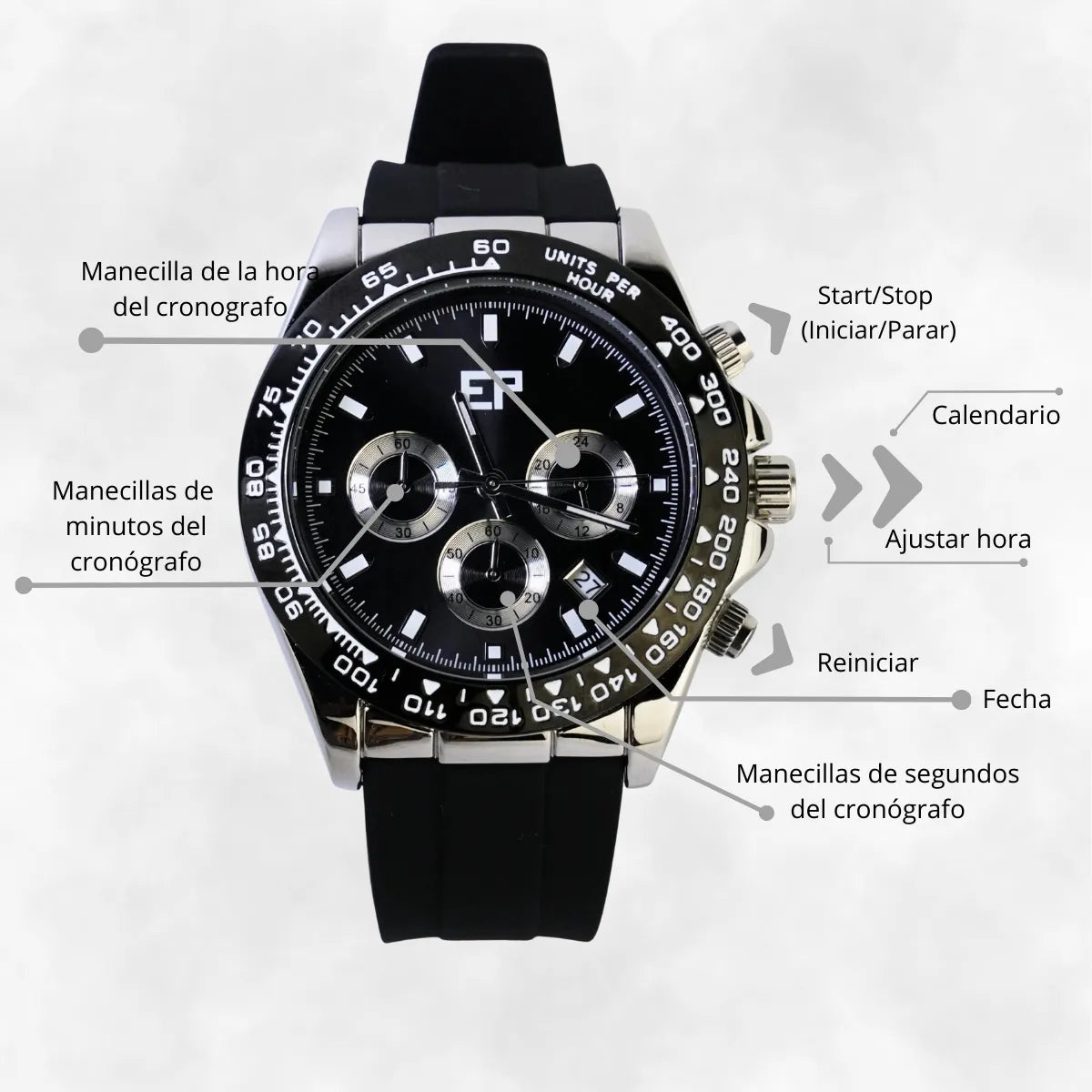 Reloj Cronografo EP para Hombre Deportivo Negro con Correa de Silicona Negra