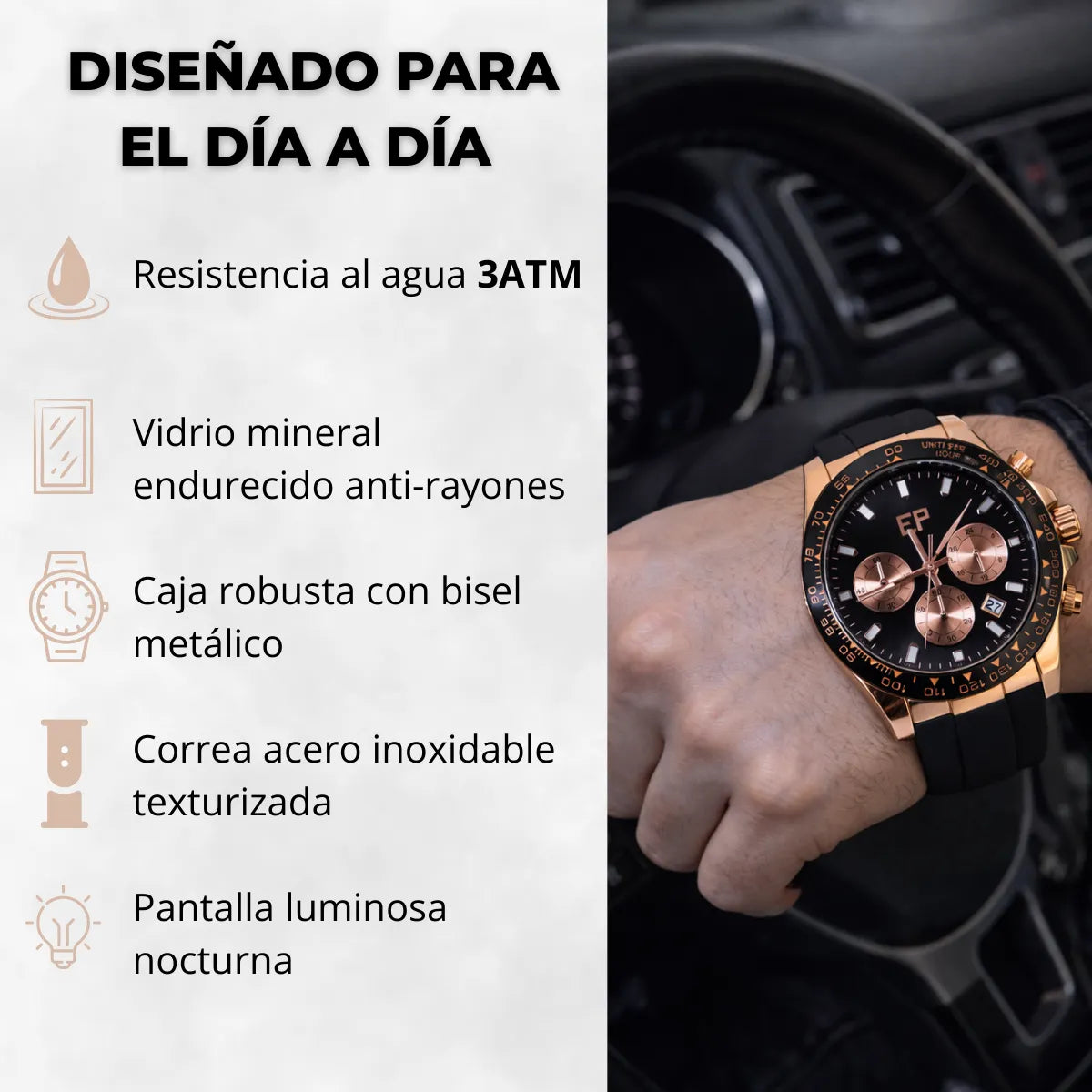 Reloj Cronografo EP para Hombre Deportivo Negro Rose Gold con Correa de Silicona Negra