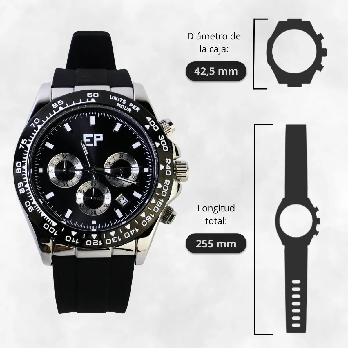 Reloj Cronografo EP para Hombre Deportivo Negro con Correa de Silicona Negra