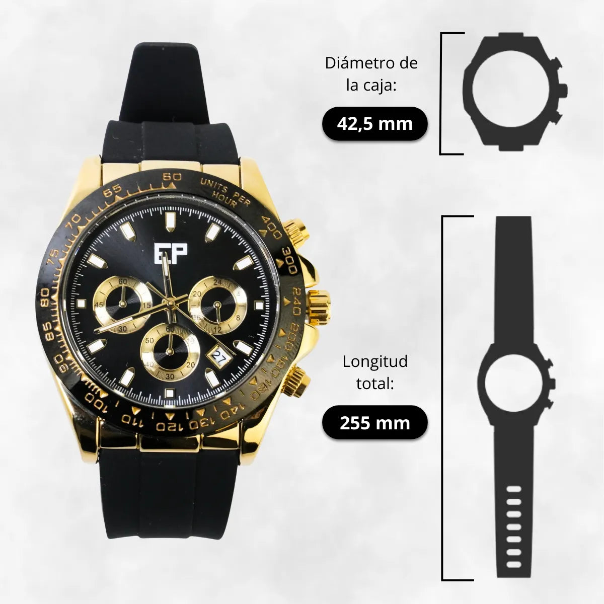Reloj Cronografo EP para Hombre Deportivo Negro Dorado con Correa de Silicona Negra
