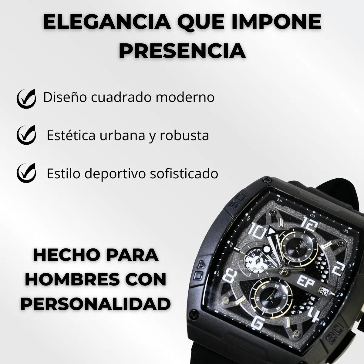 Reloj Cronografo EP para Hombre Deportivo Negro Total Diseño Cuadrado Moderno