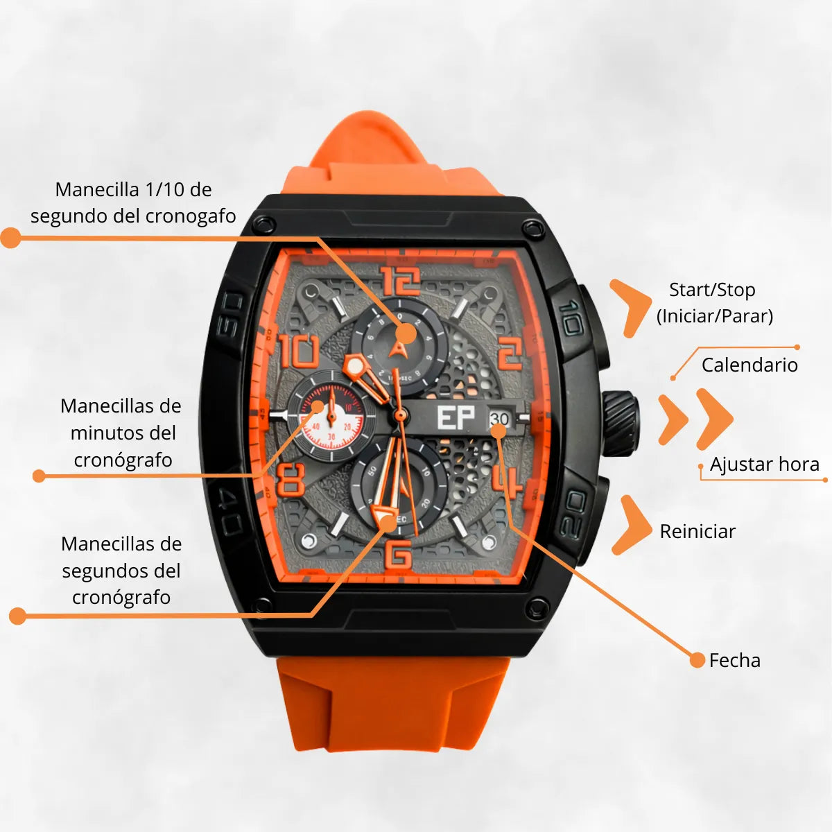 Reloj Cronografo EP para Hombre Deportivo Naranjado Diseño Cuadrado Moderno
