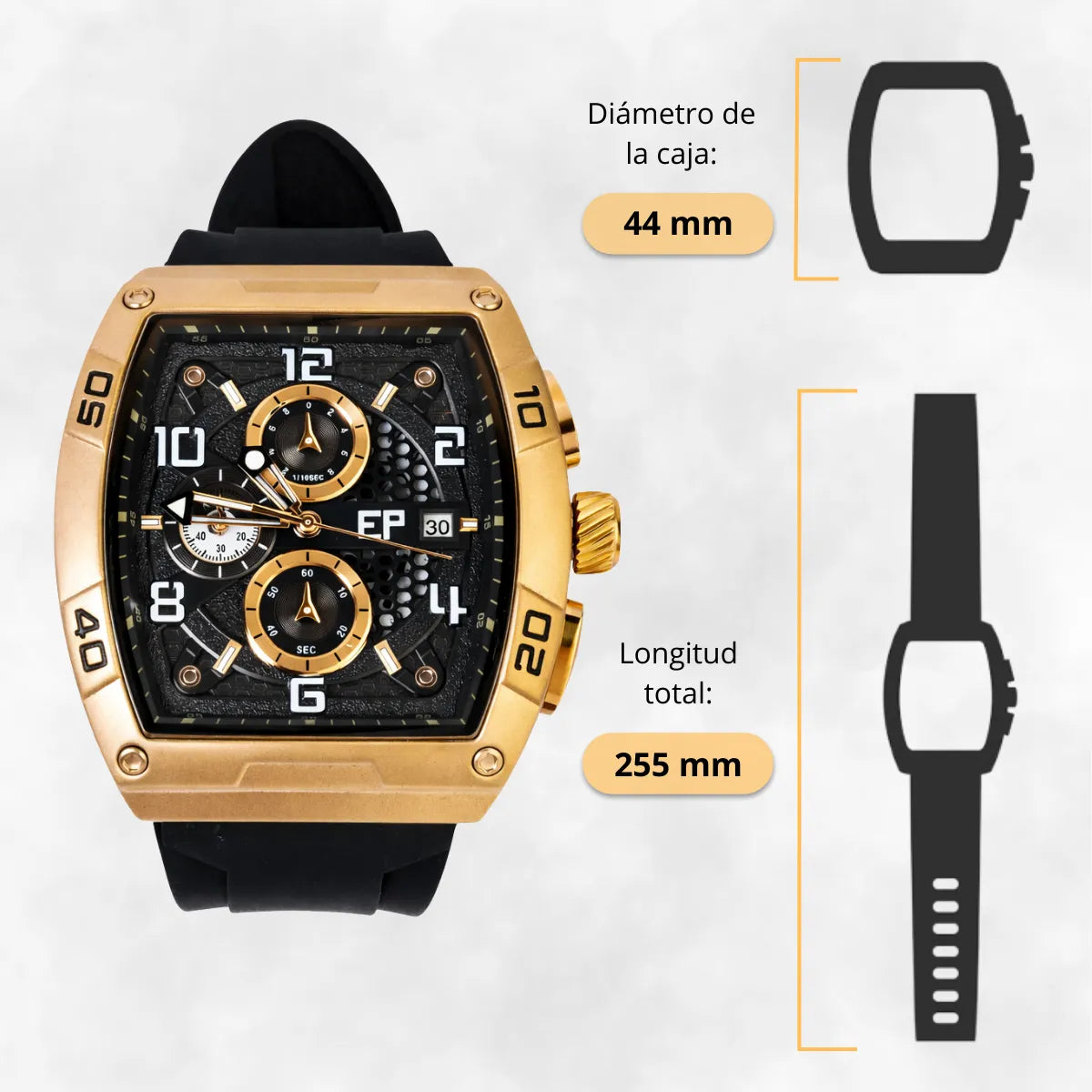 Reloj Cronografo EP para Hombre Deportivo Negro Rose Gold Diseño Cuadrado Moderno