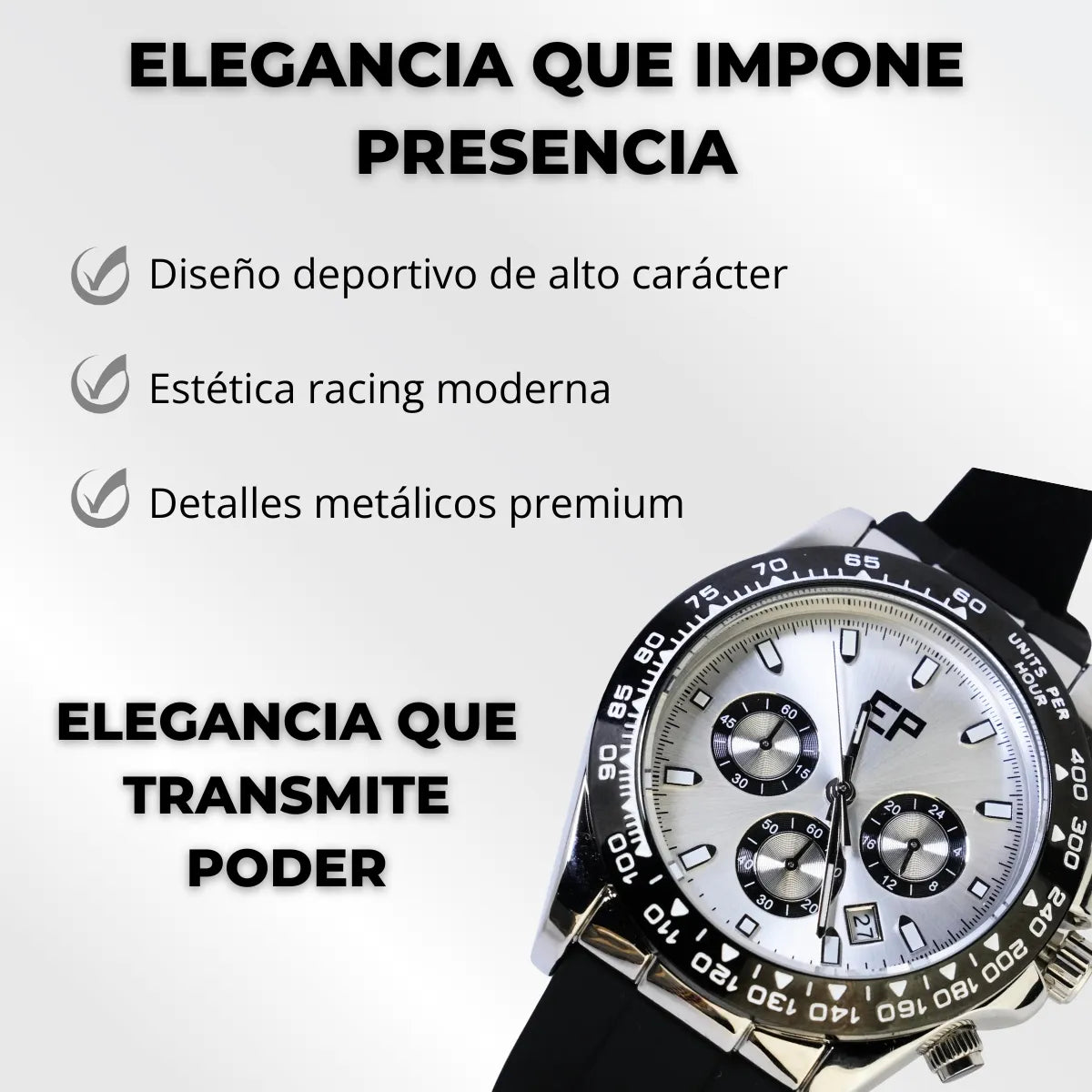 Reloj Cronografo EP para Hombre Deportivo Plateado con Correa de Silicona Negra