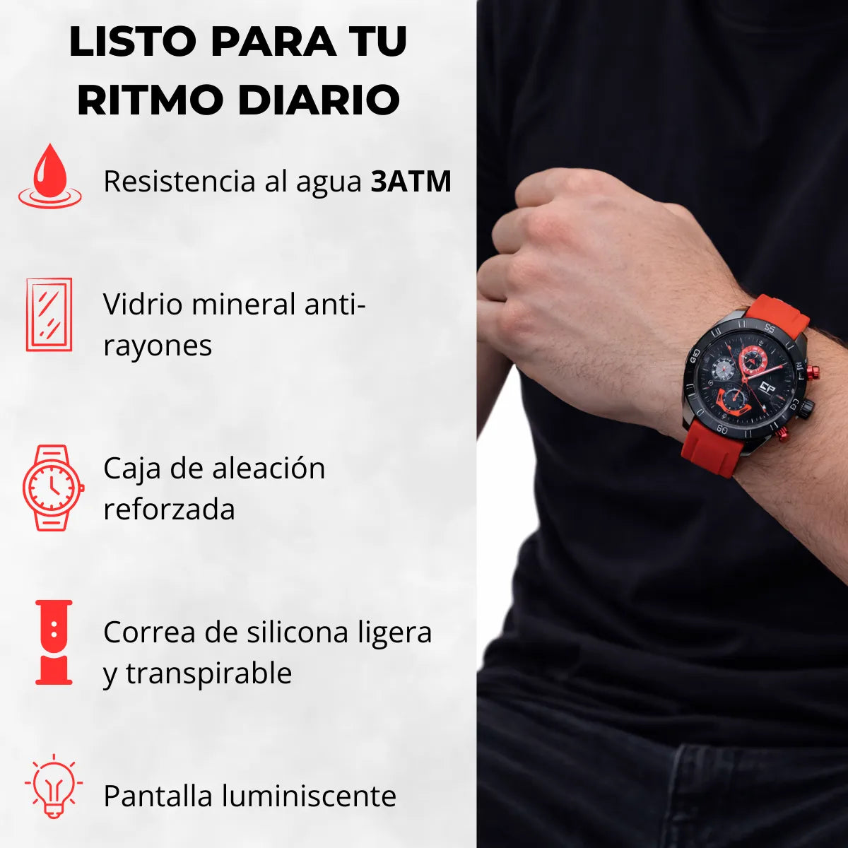 Reloj Cronógrafo EP para Hombre Deportivo Moderno Rojo con Correa de Silicona