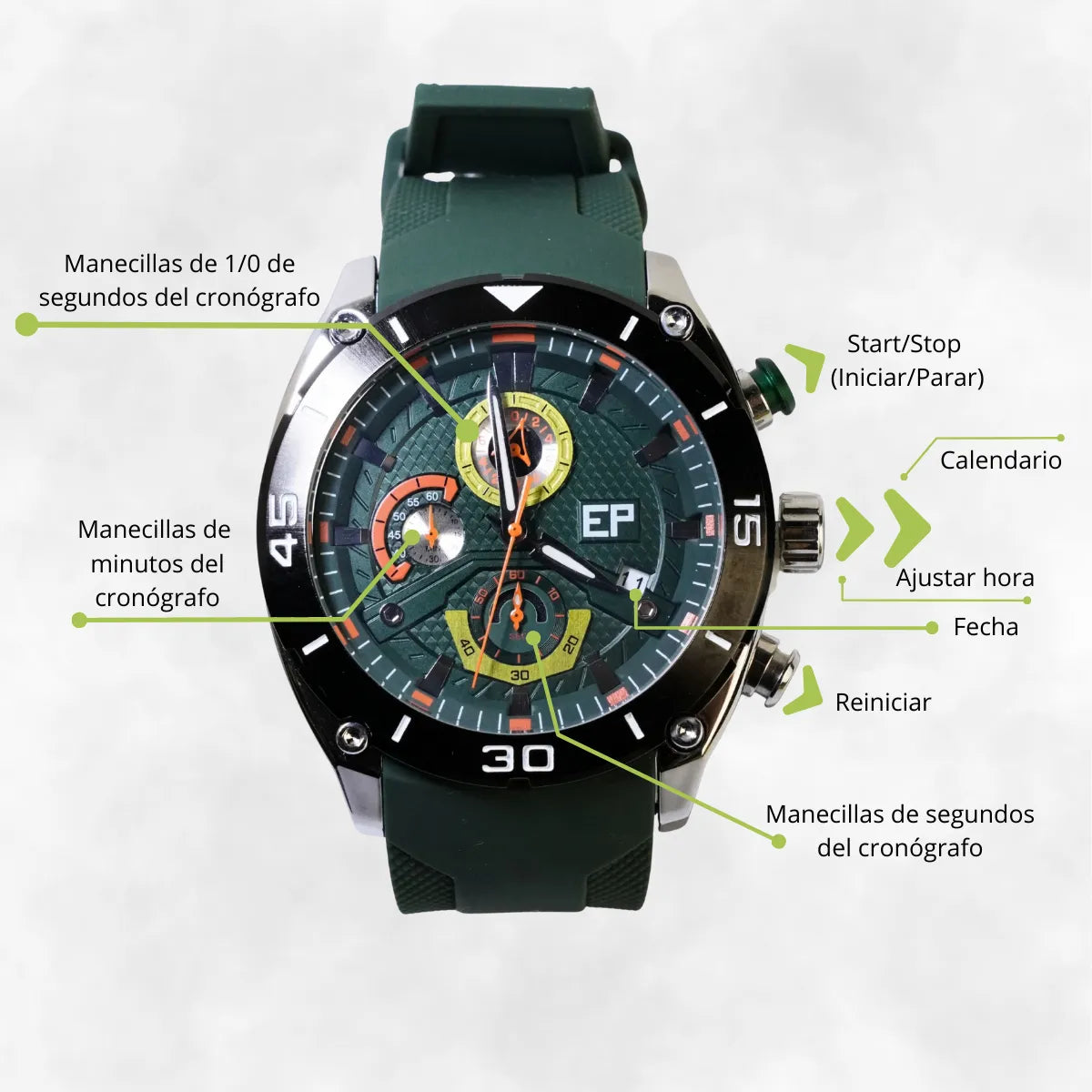 Reloj Cronógrafo EP para Hombre Deportivo Moderno Verde con Correa de Silicona