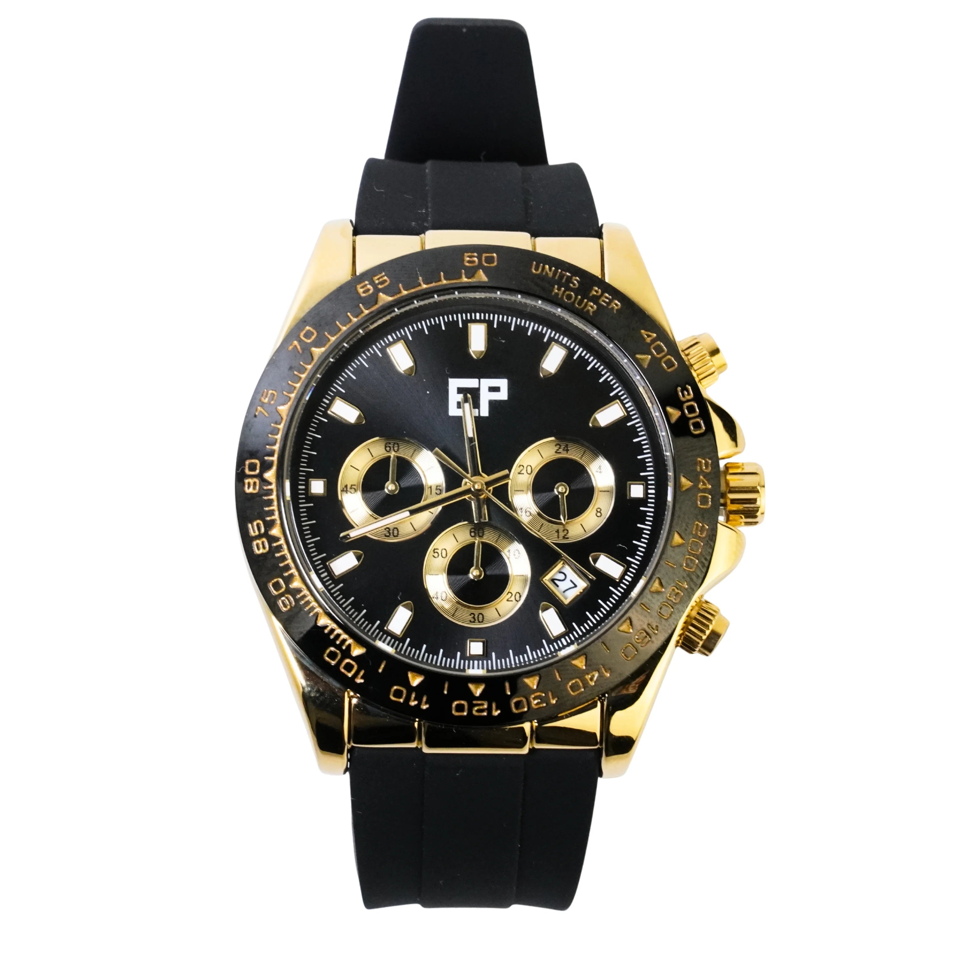 Reloj Cronografo EP para Hombre Deportivo Negro Dorado con Correa de Silicona Negra