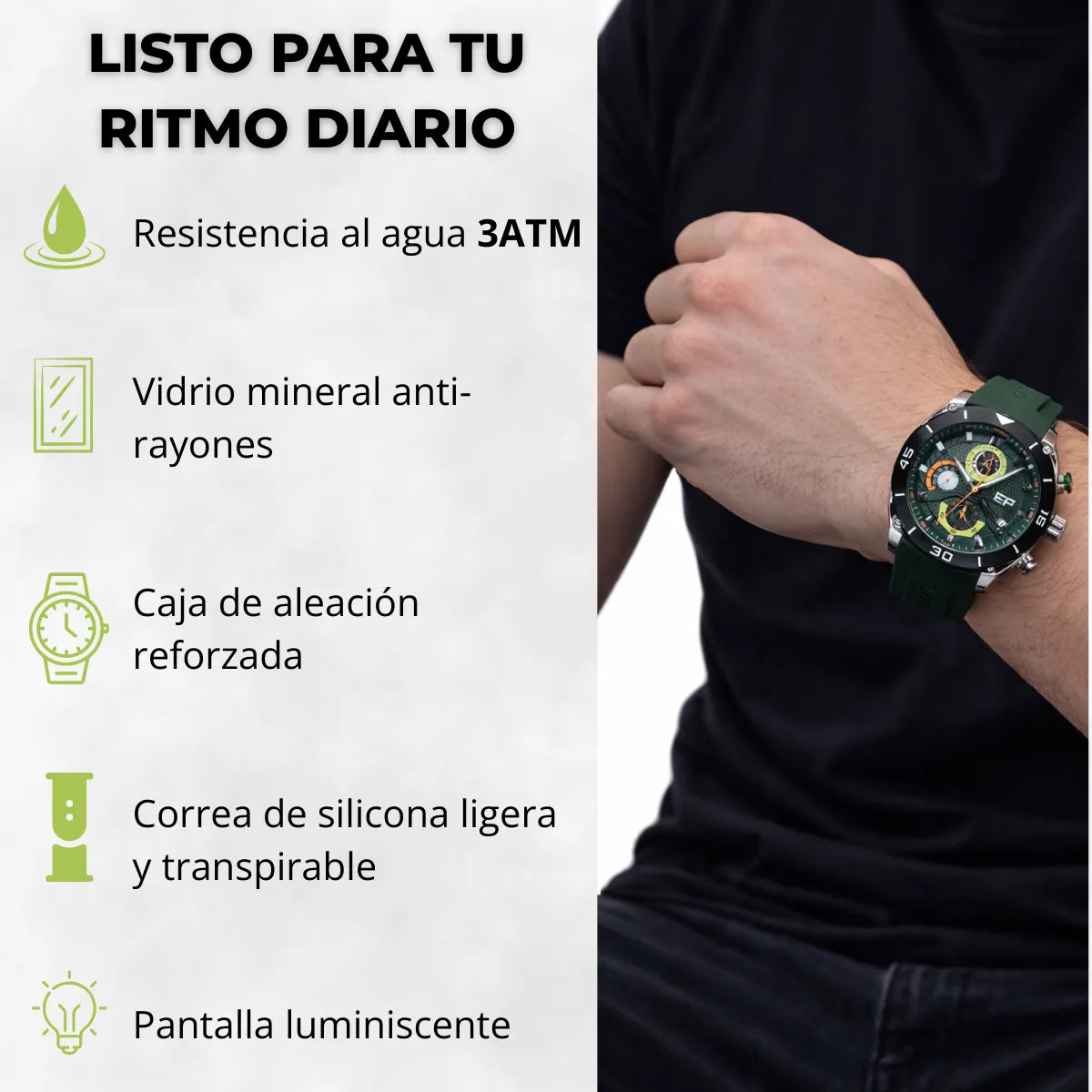 Reloj Cronógrafo EP para Hombre Deportivo Moderno Verde con Correa de Silicona