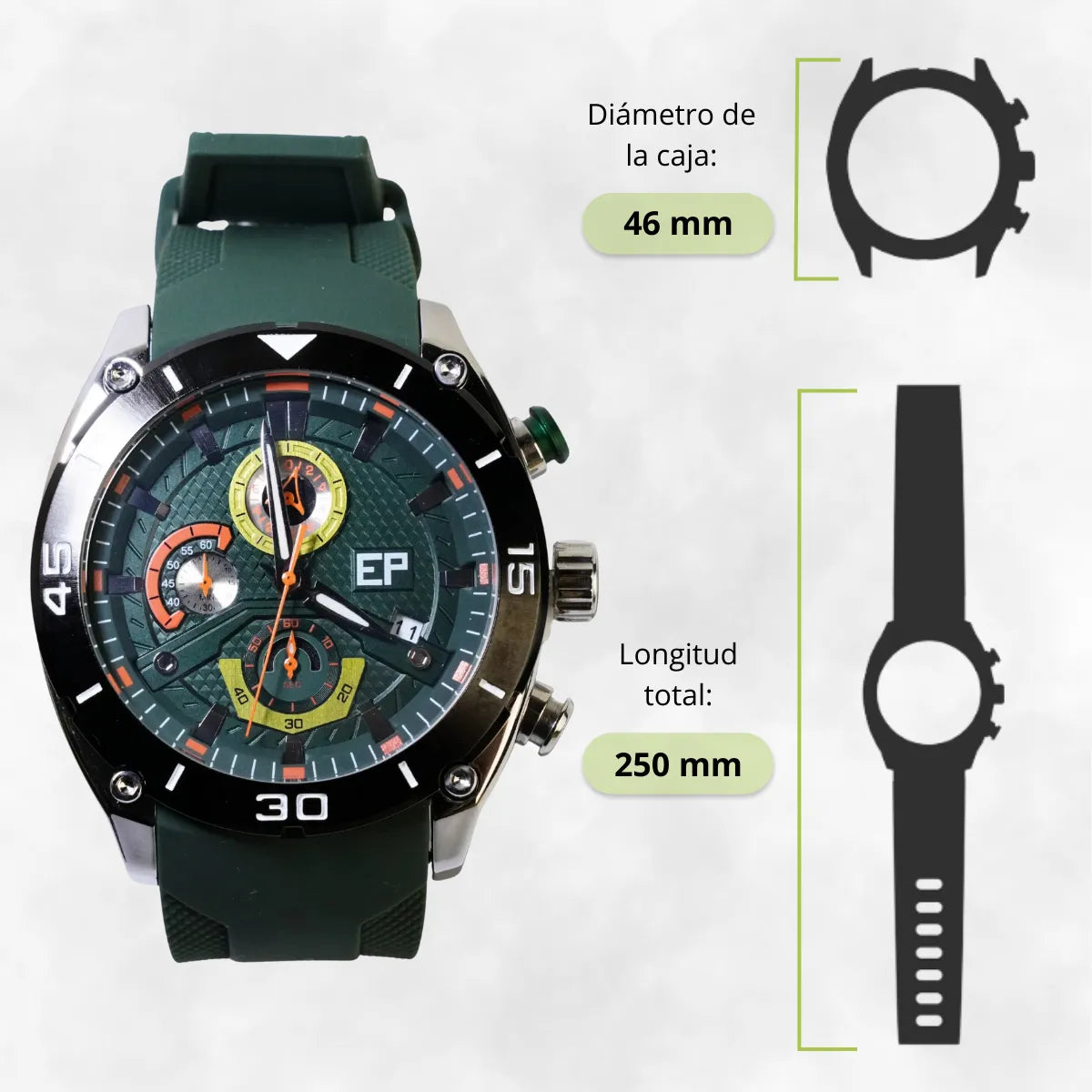 Reloj Cronógrafo EP para Hombre Deportivo Moderno Verde con Correa de Silicona