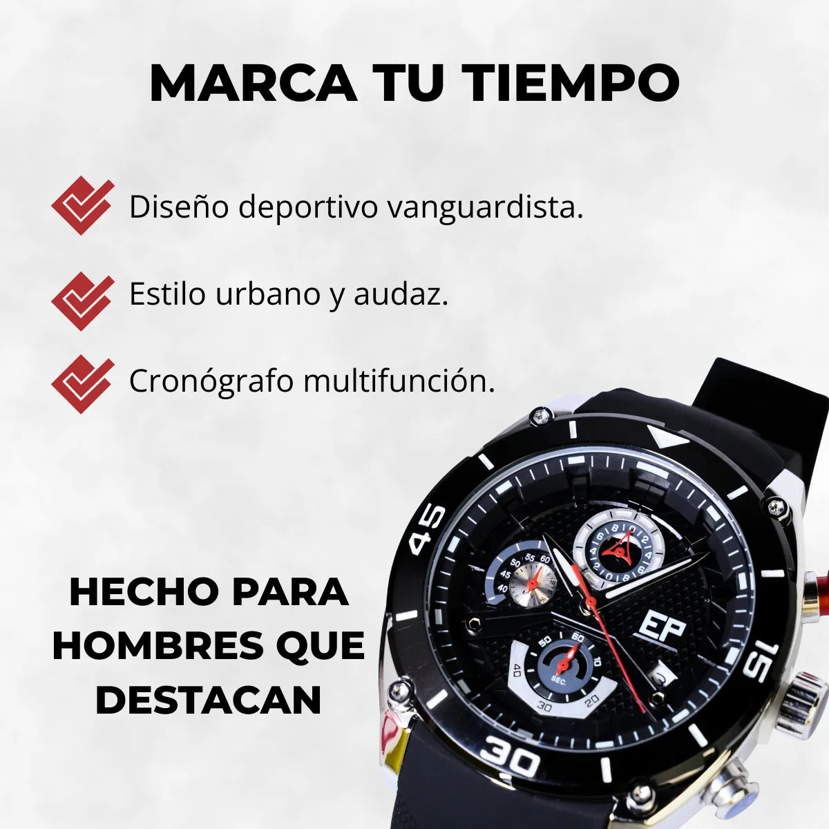 Reloj Cronógrafo EP para Hombre Deportivo Moderno Negro con Correa de Silicona