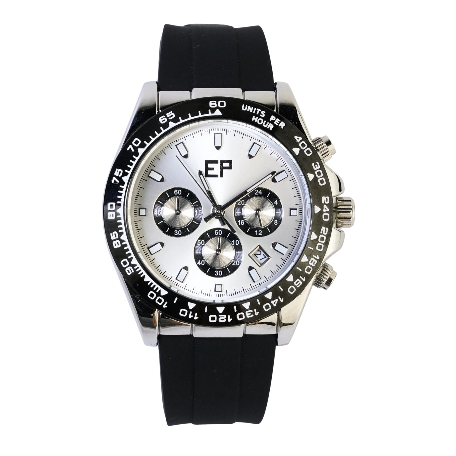 Reloj Cronografo EP para Hombre Deportivo Plateado con Correa de Silicona Negra