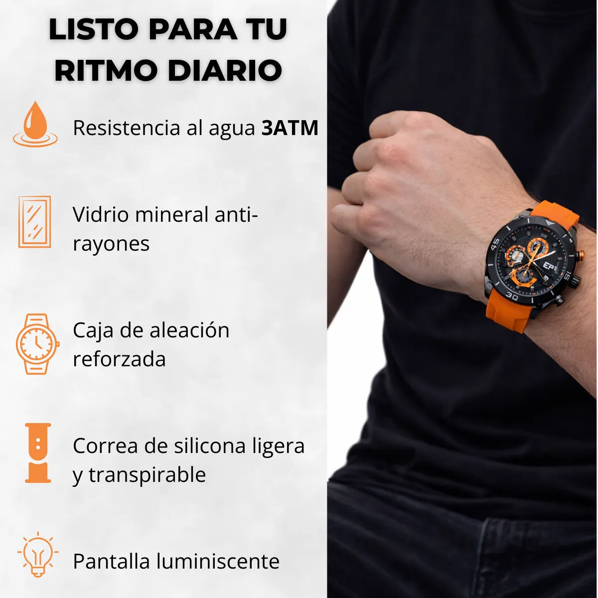 Reloj Cronógrafo EP para Hombre Deportivo Moderno Naranja con Correa de Silicona