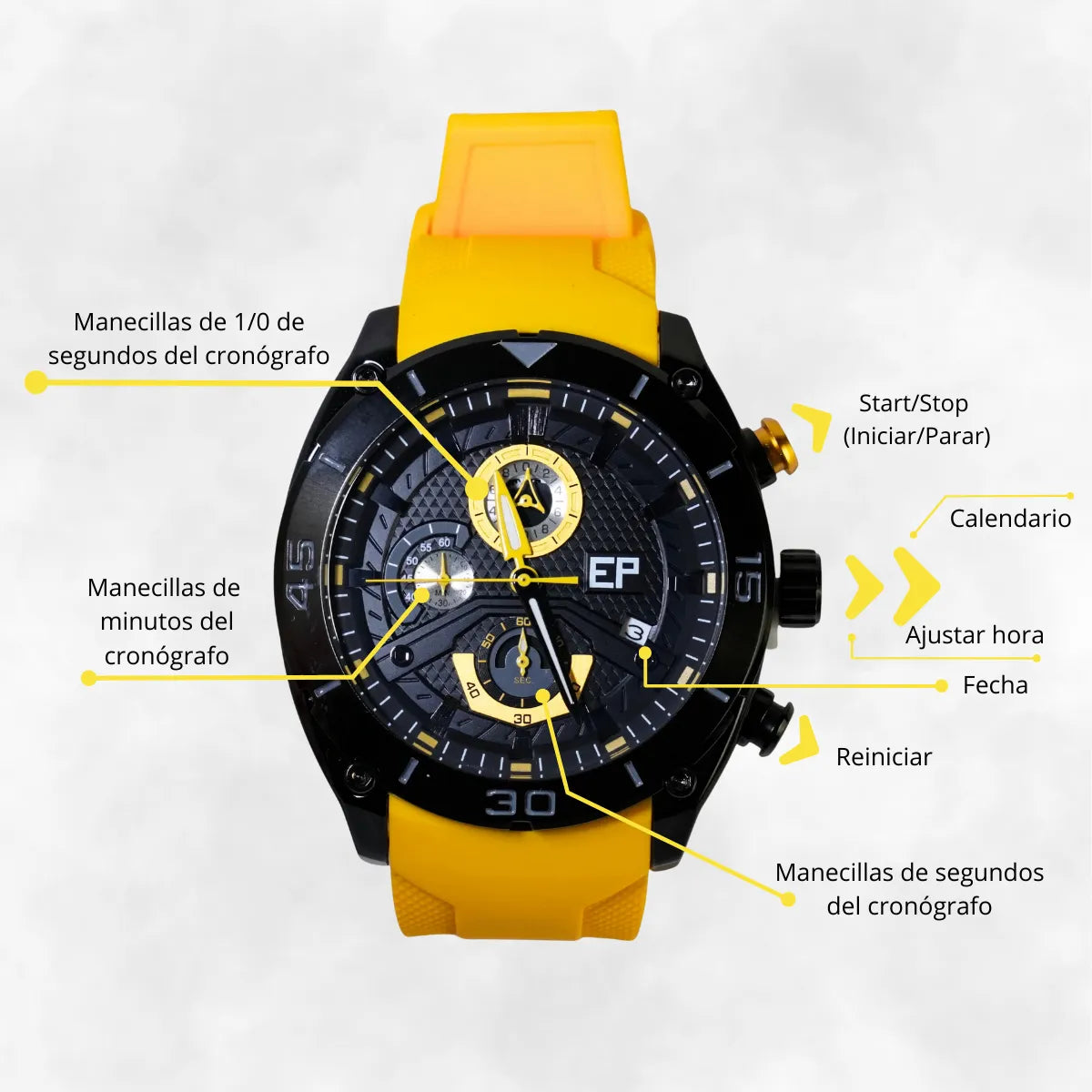 Reloj Cronógrafo EP para Hombre Deportivo Moderno Amarilla con Correa de Silicona