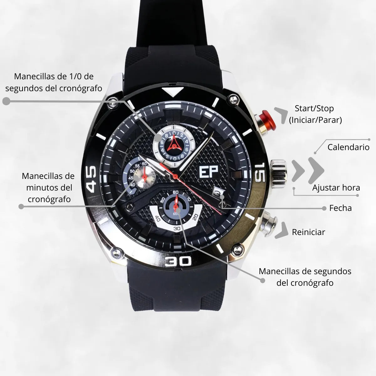 Reloj Cronógrafo EP para Hombre Deportivo Moderno Negro con Correa de Silicona
