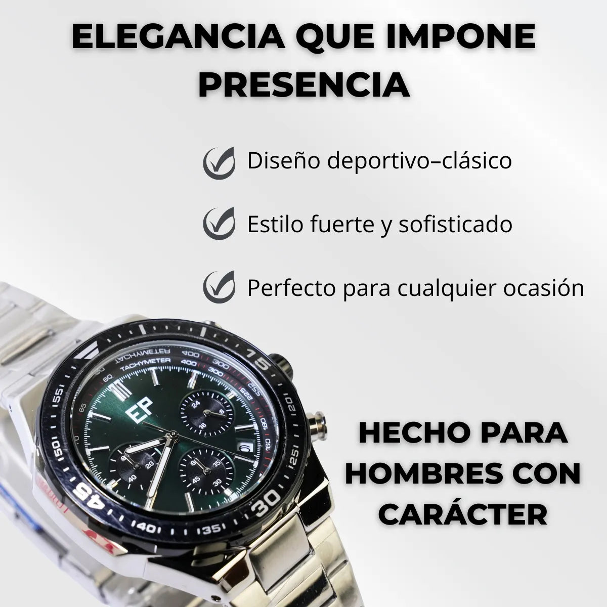 Reloj Cronografo EP para Hombre Deportivo con Brazalete de Acero y Esfera Verde