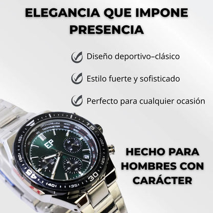 Reloj Cronografo EP para Hombre Deportivo con Brazalete de Acero y Esfera Verde