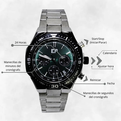 Reloj Cronografo EP para Hombre Deportivo con Brazalete de Acero y Esfera Verde