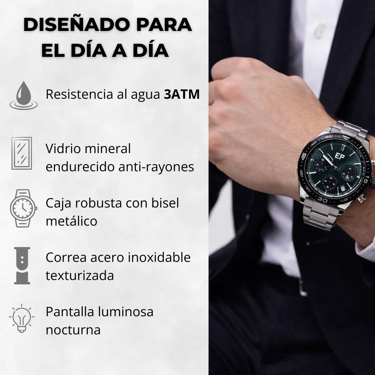 Reloj Cronografo EP para Hombre Deportivo con Brazalete de Acero y Esfera Verde