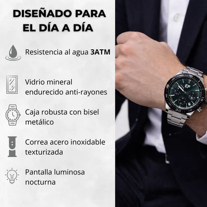 Reloj Cronografo EP para Hombre Deportivo con Brazalete de Acero y Esfera Verde