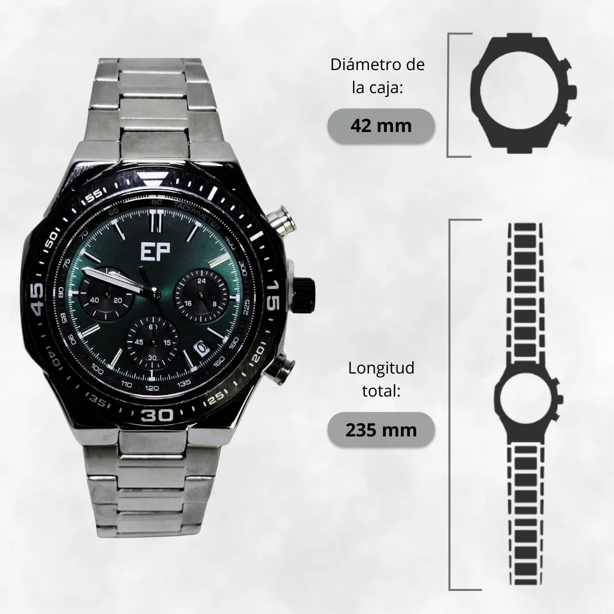 Reloj Cronografo EP para Hombre Deportivo con Brazalete de Acero y Esfera Verde