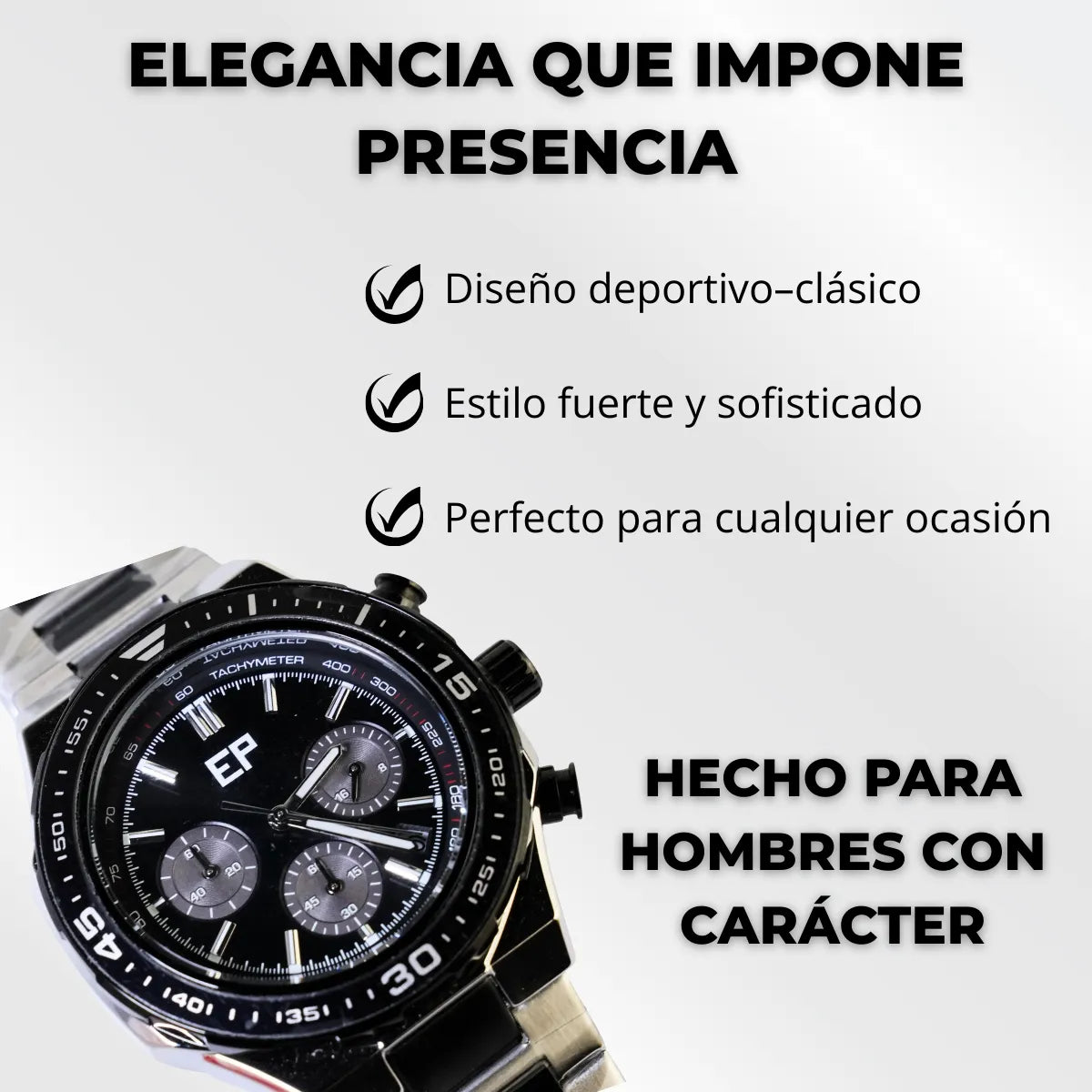 Reloj Cronografo EP para Hombre Deportivo con Brazalete de Acero y Esfera Negra