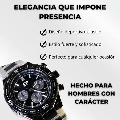 Reloj Cronografo EP para Hombre Deportivo con Brazalete de Acero y Esfera Negra