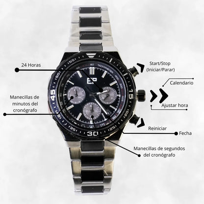 Reloj Cronografo EP para Hombre Deportivo con Brazalete de Acero y Esfera Negra