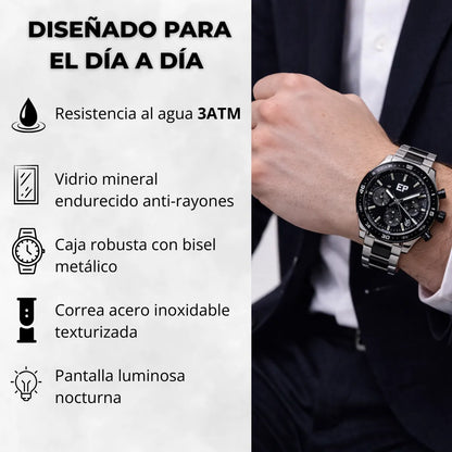 Reloj Cronografo EP para Hombre Deportivo con Brazalete de Acero y Esfera Negra