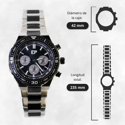 Reloj Cronografo EP para Hombre Deportivo con Brazalete de Acero y Esfera Negra
