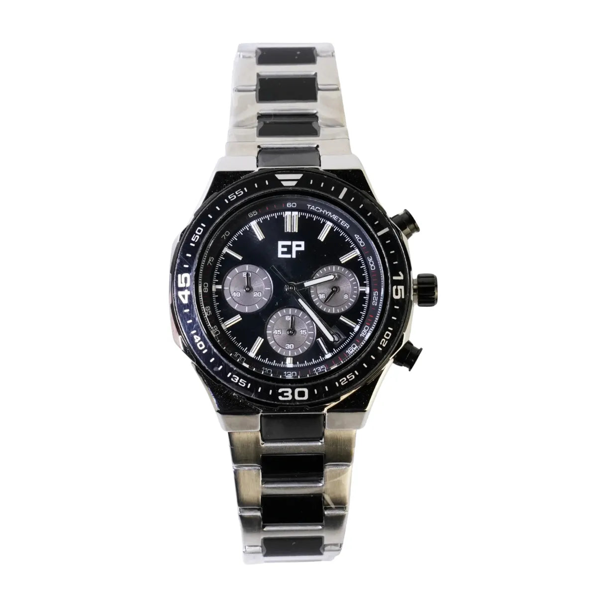 Reloj Cronografo EP para Hombre Deportivo con Brazalete de Acero y Esfera Negra