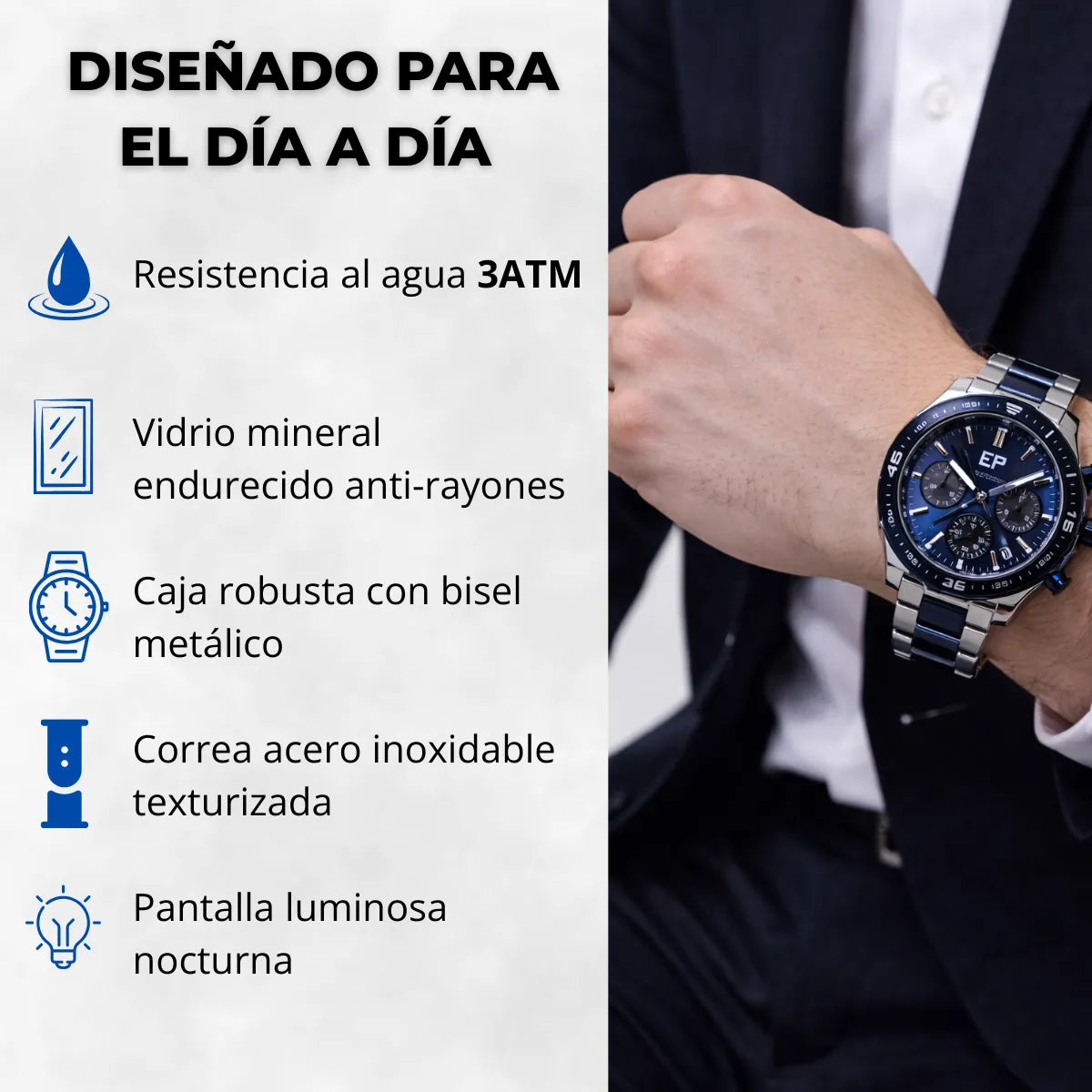 Reloj Cronografo EP para Hombre Deportivo con Brazalete de Acero y Esfera Azul