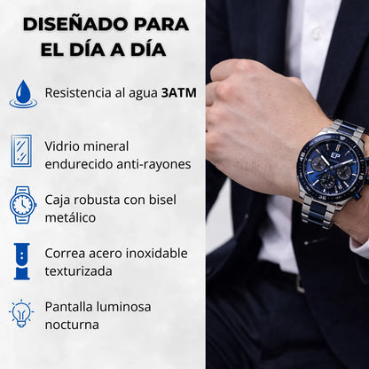 Reloj Cronografo EP para Hombre Deportivo con Brazalete de Acero y Esfera Azul