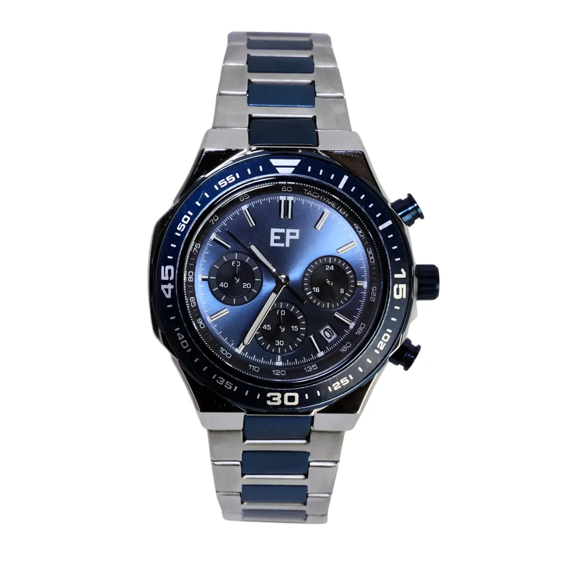 Reloj Cronografo EP para Hombre Deportivo con Brazalete de Acero y Esfera Azul