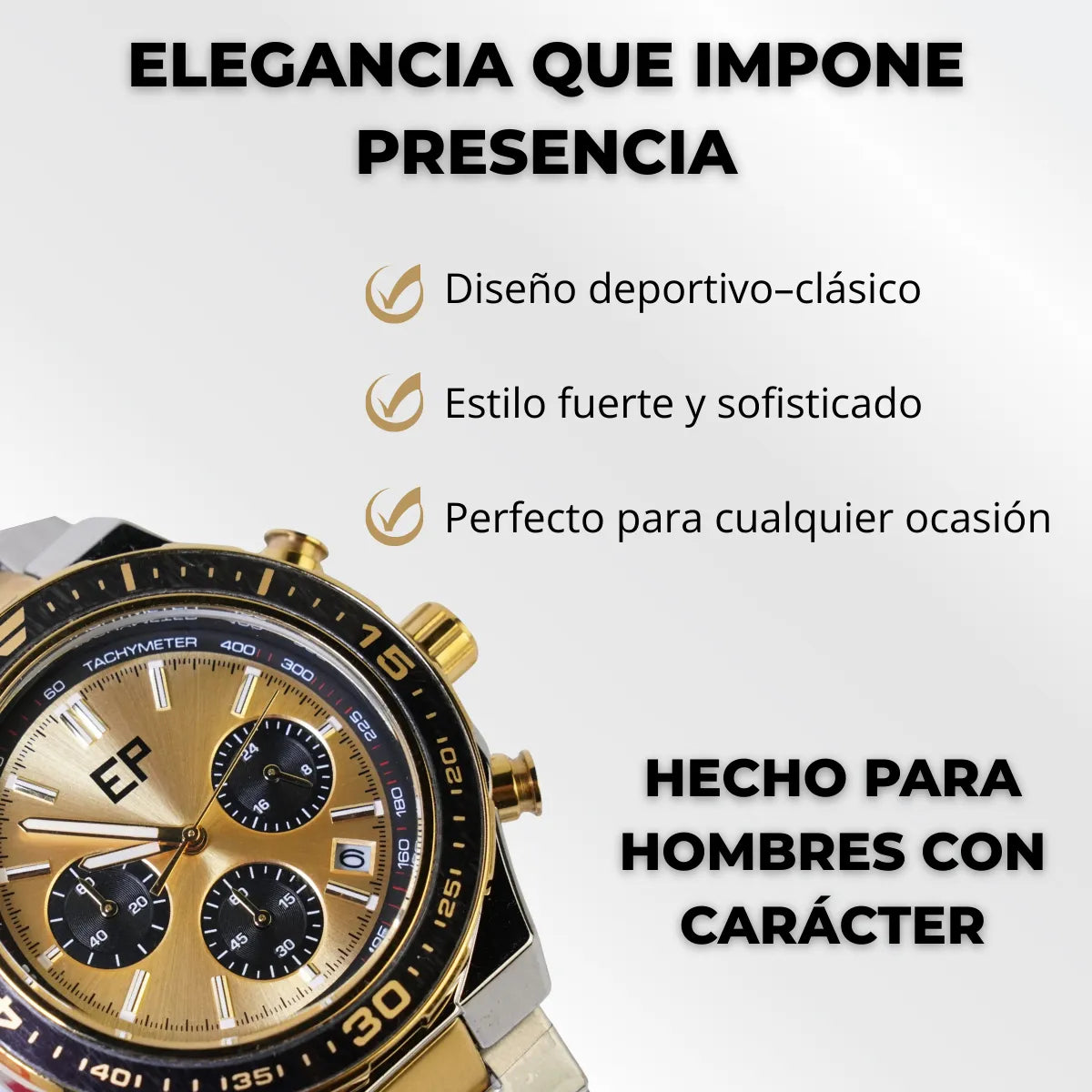 Reloj Cronografo EP para Hombre Deportivo con Brazalete de Acero y Esfera Dorada