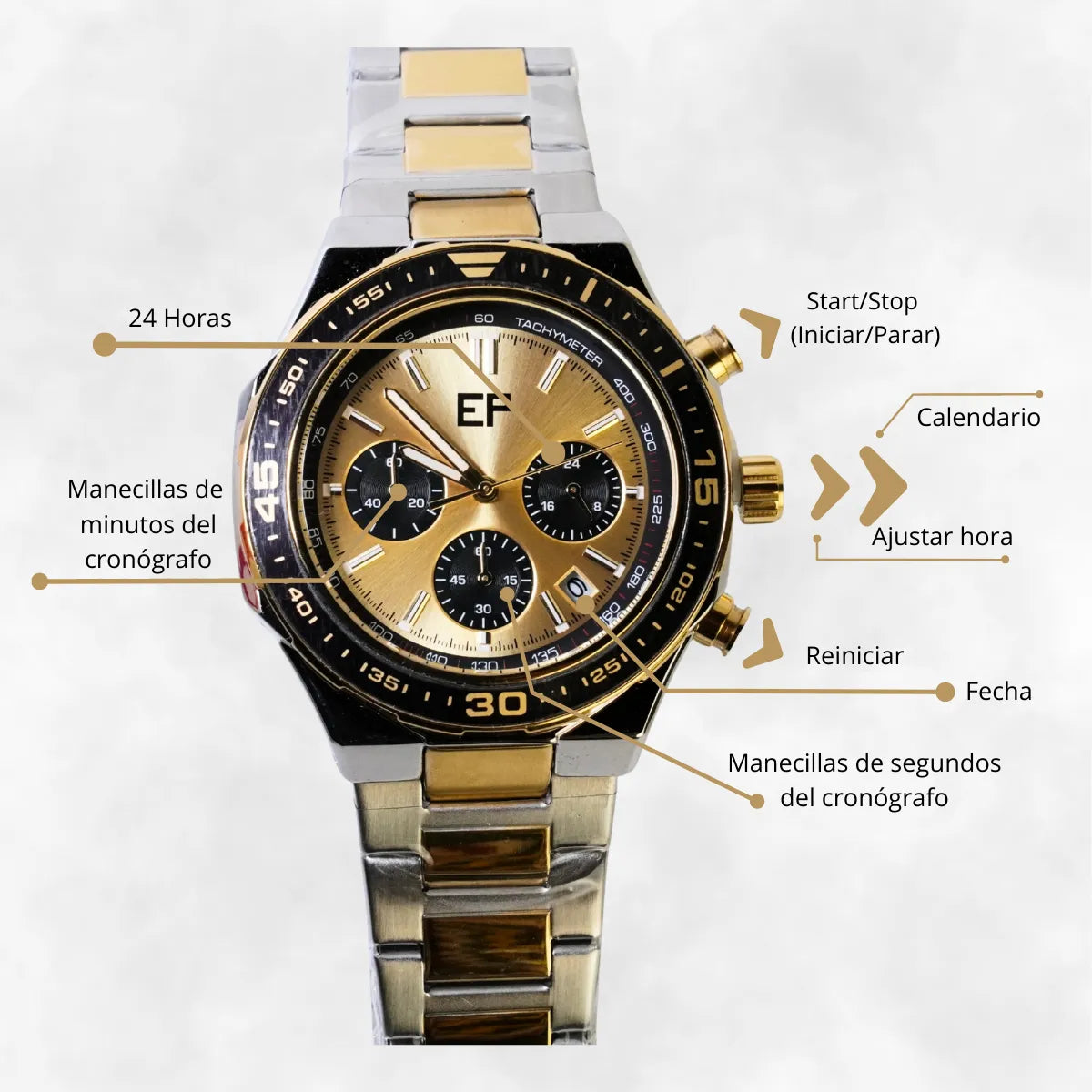 Reloj Cronografo EP para Hombre Deportivo con Brazalete de Acero y Esfera Dorada