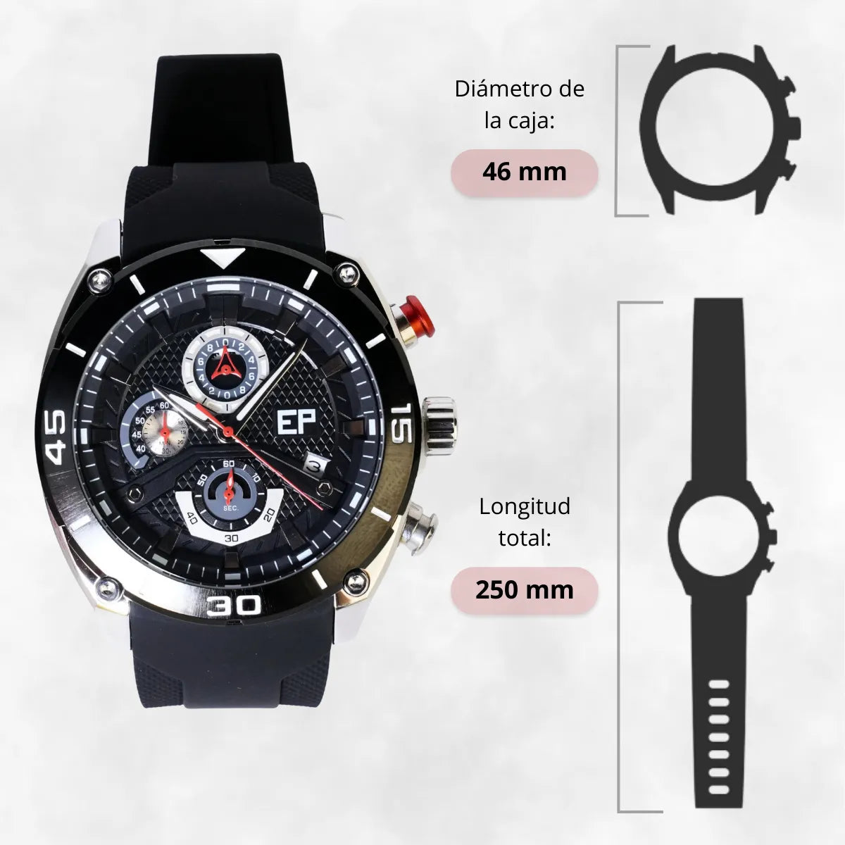 Reloj Cronógrafo EP para Hombre Deportivo Moderno Negro con Correa de Silicona