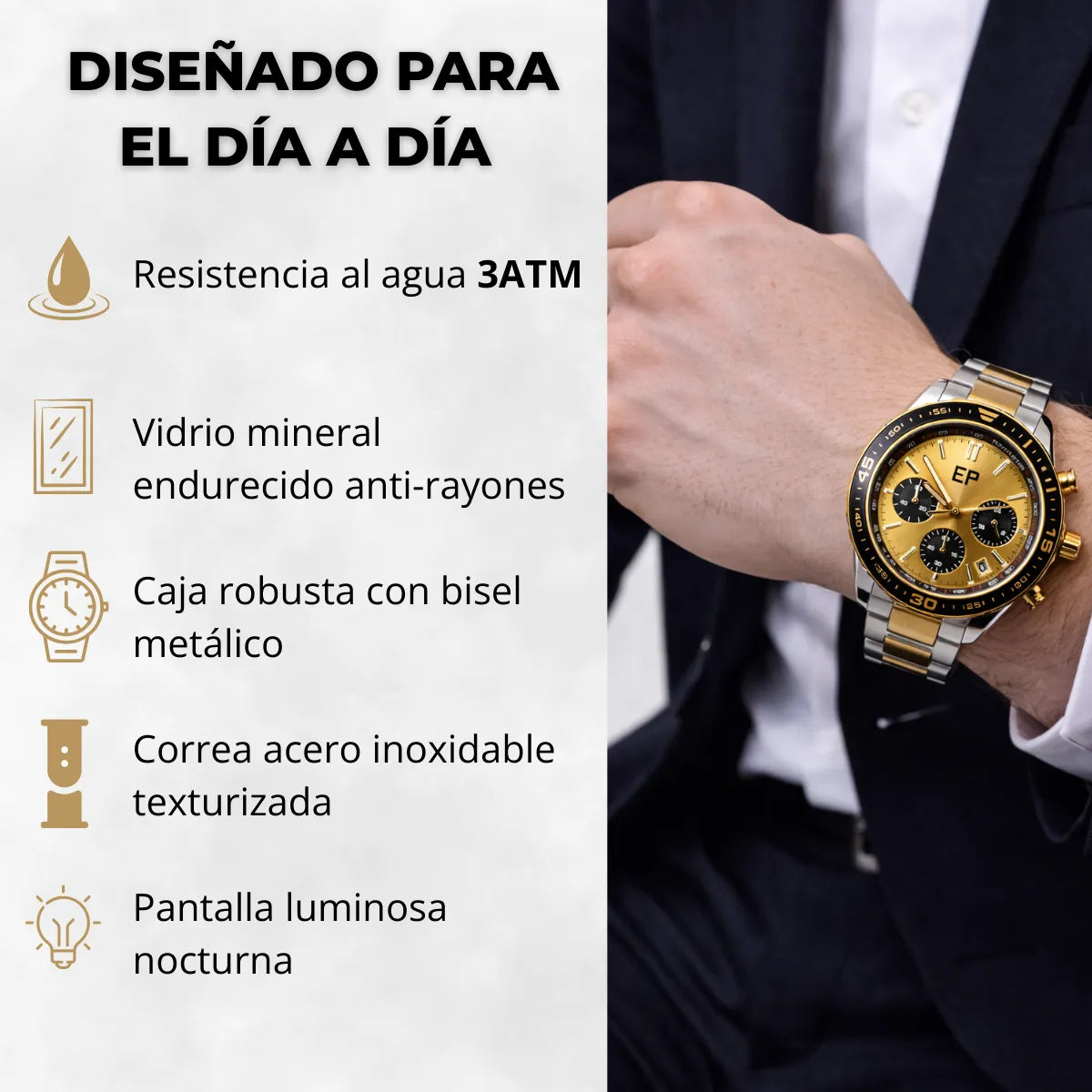 Reloj Cronografo EP para Hombre Deportivo con Brazalete de Acero y Esfera Dorada