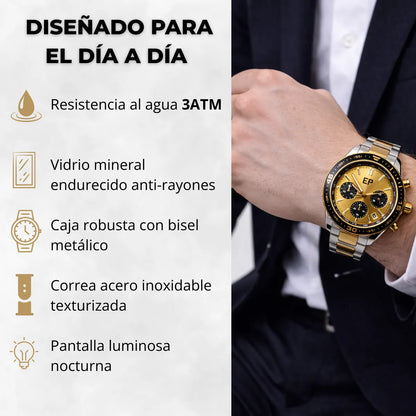 Reloj Cronografo EP para Hombre Deportivo con Brazalete de Acero y Esfera Dorada