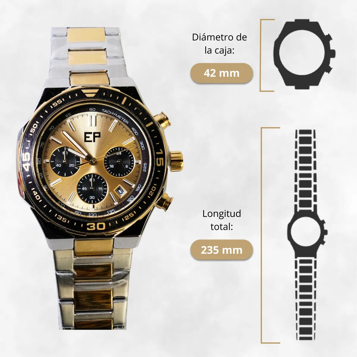 Reloj Cronografo EP para Hombre Deportivo con Brazalete de Acero y Esfera Dorada