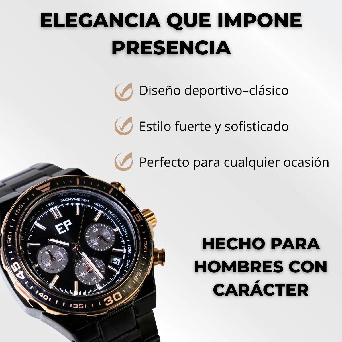Reloj Cronografo EP para Hombre Deportivo con Brazalete de Acero Negro y Esfera Negra